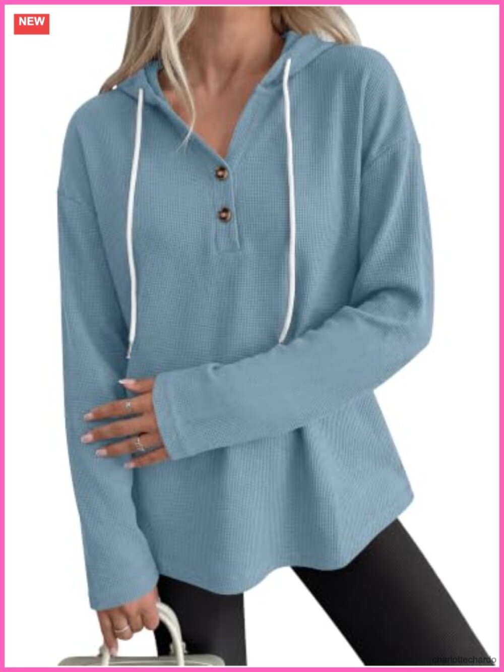 Waffle Knit Hoodies for Women Lightweight Sweatshirt Loose Fit Long Sleeve V